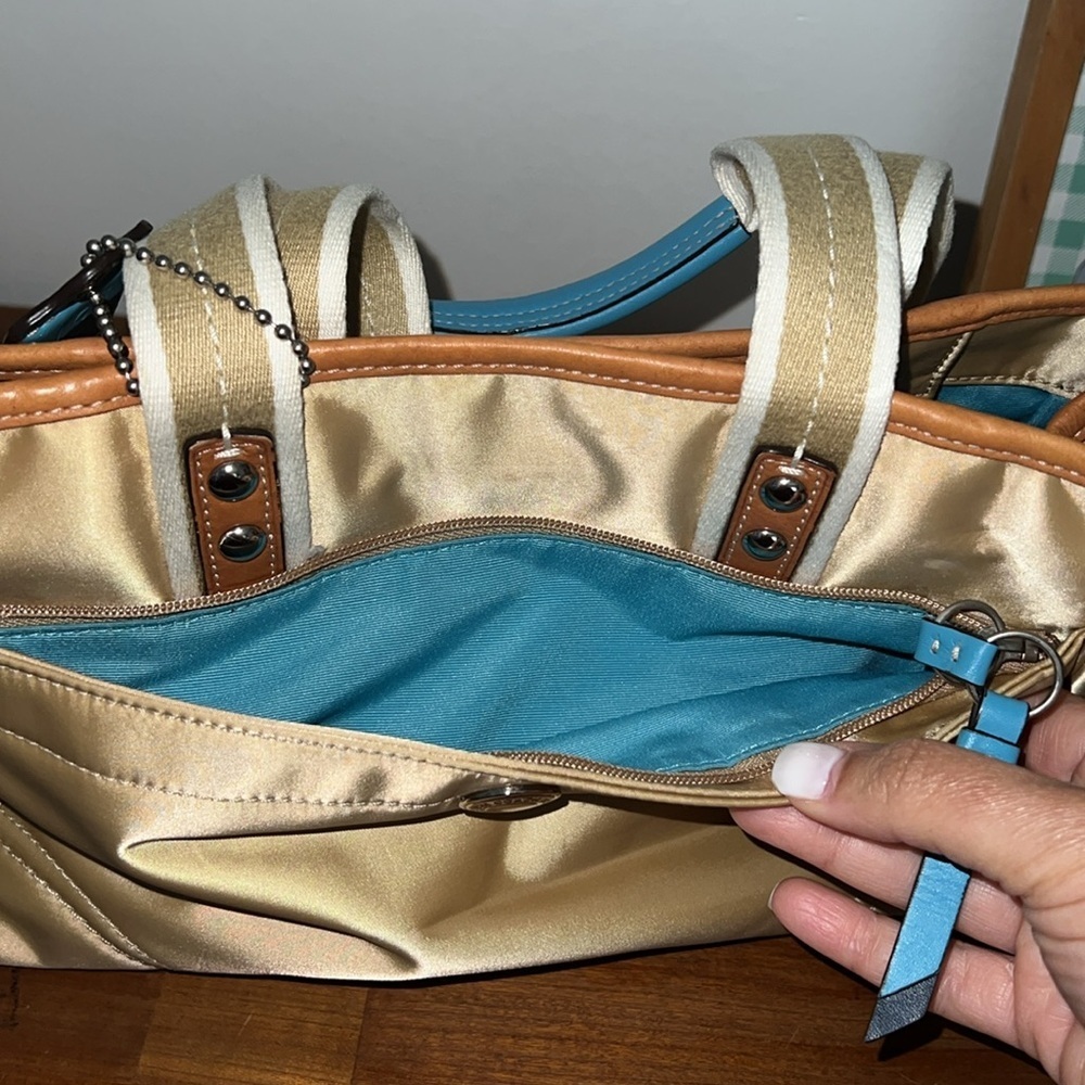 Coach Hampton Gold Blue Leather Small Tote Bag F11992 - Picture 7 of 10